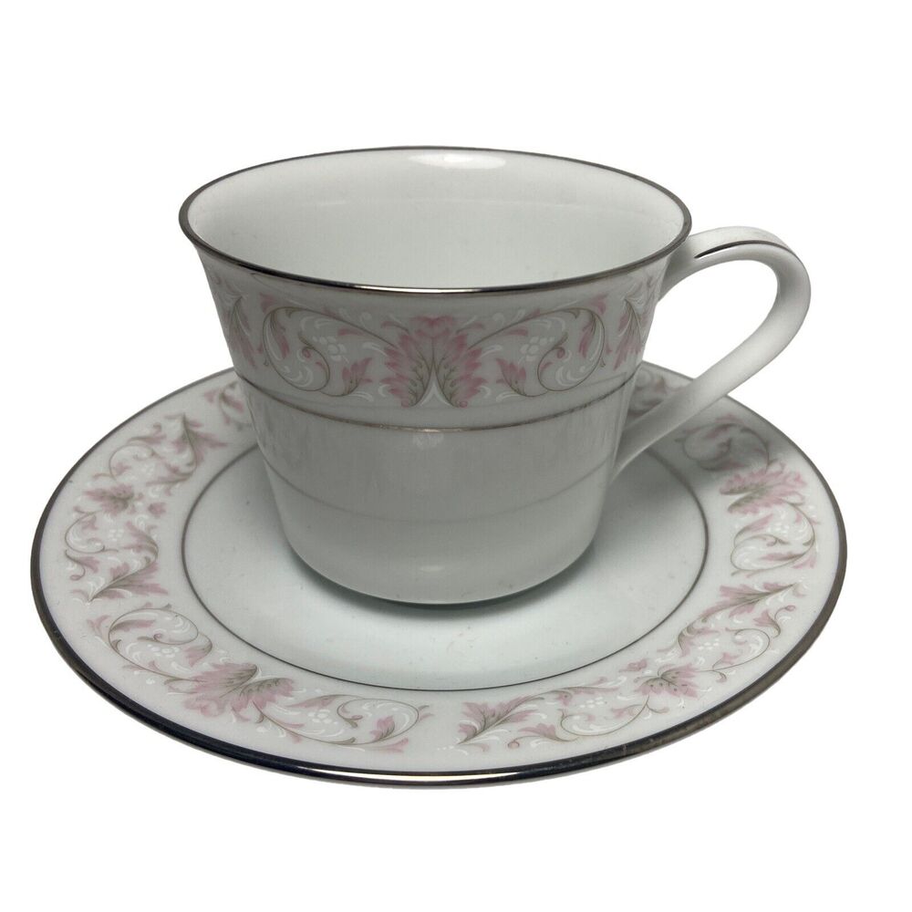 Noritake Japan China Tea Cup and Saucer Harwyn White Pink Silver 6904